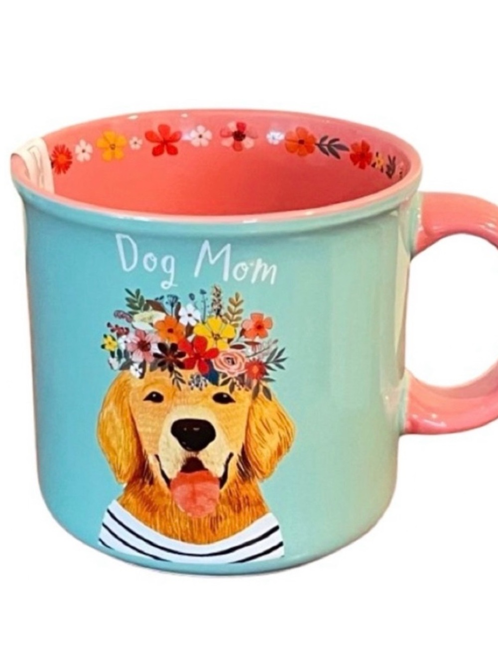 🆕- "Dog Mom" Golden Retriever Floral Crown Teal Ceramic Mug